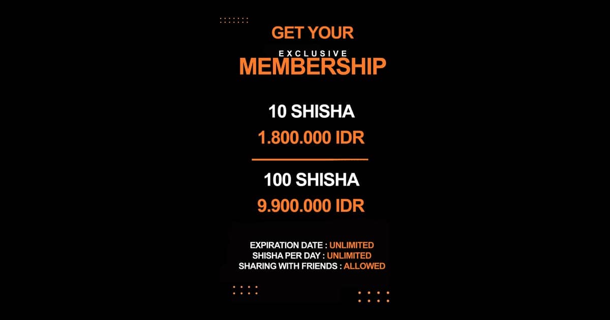 IZZI shisha membership: 10 shishas for 1,800,000 or 100 for 9,900,000 IDR
